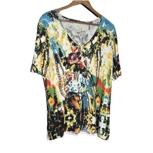 Pierri New York Blouse 2X Floral Colorful Rhinestones Stretch Art to Wear artsy
